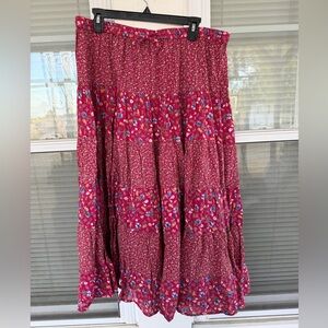 ORVIS Floral Maxi Skirt Red and Pink Floral Boho Casual Summer Cottagecore